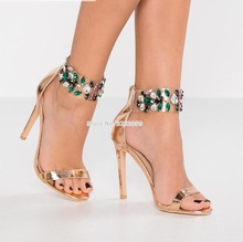 ALMUDENA-Sandalias de gladiador con cuentas de cristal ostentosas, zapatos de tacón de aguja dorados y plateados, joyería con correa única, zapatos de boda 2024 - compra barato