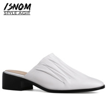 ISNOM Thick Heels Slippers Woman Square Toe Footwear Pleated Sheepskin Slides Shoes Female Mules Shoes Women 2019 Summer New 2024 - buy cheap