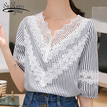 fashion blouses woman 2021 summer short sleeve women blouse v-neck lace striped blouse shirt womens tops and blouses 4819 50 2024 - buy cheap