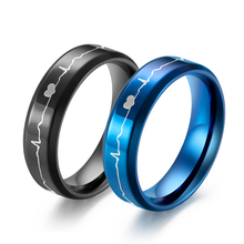 Azul preto titânio anel de aço para mulheres homens batimentos cardíacos cardiograma noivado casamento banda amante declaração promessa casal jóias 2024 - compre barato