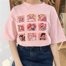 Kawaii футболка летние женские топы 2018 Harajuku сладкий принт Сейлор Мун свободный короткий рукав плюс размер футболка Femme +- 2024 - купить недорого