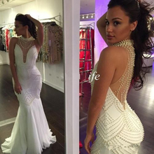 Abendkleider White Evening Dress Long 2019 Mermaid Full Pearls Sexy Backless Prom Dress Formal Party Gown Robe De Soiree 2024 - buy cheap