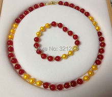 Fashion 8MM golden simulated-pearl shell red chalcedony jades round beads necklace bracelet set for women jewelry 18"/7.5"BV73 2024 - buy cheap