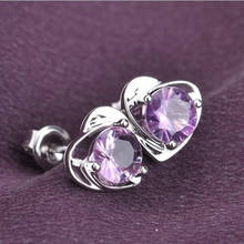 (2 Pairs/lot) Free Shipping 925-sterling-silver Woman's Korean Heart Purple &Clear CZ Earring Wholesale Fashion Jewelry 2024 - buy cheap