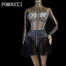 Roupa feminina com strass, traje sexy preto para mulheres, bodysuit brilhante, festa, aniversário, comemoração, cantoras, dança, body 2024 - compre barato