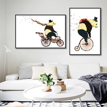 Cartazes e impressões nórdicos bonito urso animais ciclismo pintura da lona dos desenhos animados arte da parede fotos para o quarto das crianças decoração casa 2024 - compre barato