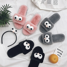 Cartoon big eyes decorate mules women slippers flats open toe leisure slippers ladies cute furry sandal home slippers shoes 2019 2024 - buy cheap