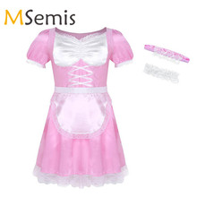 3Pcs Mens Sissy Maid Uniform Maid Sissy Dress for Gay Cosplay Costume Outfit Fancy Dress Satin Dress with Choker and Headband 2024 - buy cheap