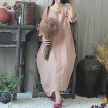 Vestido feminino de linho artesanal botão robe vestido feminino folgado plus size vestidos retrô vintage 2024 - compre barato