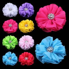 4 pçs/lote 6.5cm 15 cores ruffled ballerina chiffon flor do cabelo com botão de strass flores tecido artificial para headbands 2024 - compre barato