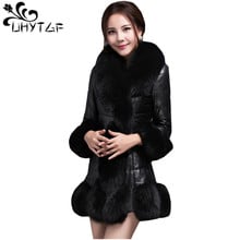 UHYTGF M-7XL Oversized Winter Imitation Fur Coat High Quality PU Leather Jacket Women's Fake Fox Fur Collar Slim Warm Coats 1094 2024 - buy cheap