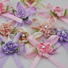 10 pcs satin ribbon flowers bow w/leaf stone wedding sewing appliques DIY A122 2024 - buy cheap