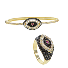 fashion turkish evil eye ring bangle jewelry set micro pave black cz Gold color european women jewelry 2024 - buy cheap
