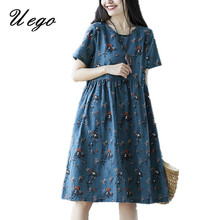 Uego 2021 New Arrival Loose Summer Dress Cotton Linen Fashion Printing Floral Vintage Dress Plus Size Women Casual Midi Dress 2024 - buy cheap
