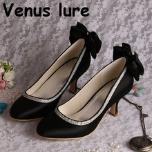 Round Toe Women Shoes Wedding Black Satin Mid Heel Evening Wear Shoes Bow Pumps 2024 - buy cheap