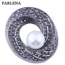 FARLENA Jewelry Black Gun Plated Imitated Pearl round Pins and Brooches Vintage Rhinestone Brooch for Women 2024 - buy cheap