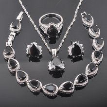 Elegante negro de cristal plateado, juegos de joyas para mujer, joyería nupcial, anillos, collar, pulseras, pendientes, regalo de cumpleaños QS0258 2024 - compra barato