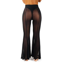 Calça de malha transparente verão, biquíni feminino, saída de praia elástica, cintura alta, calça flare, sólida 2024 - compre barato