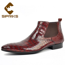 Sipriks Big Size 37 45 Wine Red Chelsea Boots Mens Wine Red Leather Zip Shoes Fashion Printed Crocodile Skin Cowboy Ankle Boot 2024 - buy cheap