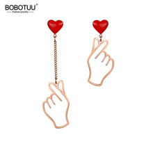 BOBOTUU Stainless Steel Rose Gold Color Earrings "Show Love" Gesture Little Red Heart Asymmetry Jewelry For Women BE18468 2024 - buy cheap