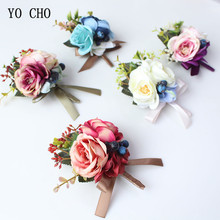 YO CHO Silk Roses Wedding Wrist Corsages Boutonnieres Flowers White Bridal Hand Flowers Groom Button Decor Man Marriage Supplies 2024 - buy cheap