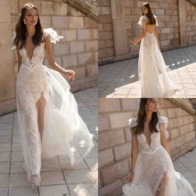 2019 New Wedding Dresses V Neck Lace Backless A-Line Bridal Gowns High Slit See Through Trumpet Customized Beach Wedding Dress 2024 - buy cheap