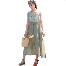 Fashion Cotton Linen Dress Women 2019 Summer Sleeveless Dresses Students Casual Tops Embroidery Loose Long Dresses V-neck H763 2024 - buy cheap