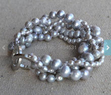 Wholesale Pearl Jewelry, Wedding Bridesmaids Gift Bracelet, Gray Color 3-8MM Genuine Freshwater Pearl Bracelet 7.5inches 5 Rows. 2024 - buy cheap