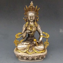 Elaborada estatua China Vintage tibetana antigua de plata dorada, estatua de budismo tibetano, Buda de Tara Blanca 2024 - compra barato