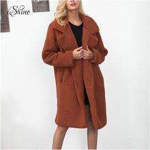 Женская модная длинная куртка с отложным воротником из искусственного меха, пальто с длинным рукавом, однотонная зимняя теплая Толстая плюшевая шуба, пальто 2024 - купить недорого