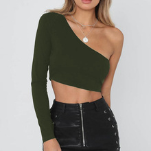  One Shoulder Long Sleeve Crop Tops Women Sexy Short T Shirts Woman Autumn Top 2024 - buy cheap