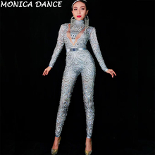 Sexy Silver Crystals Jumpsuit long Sleeves Birthday Celebrate outfit Stretch Sexy Bodysuit Stage Performance Dance Jumpsuit 2024 - buy cheap
