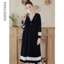 Elegant Robe Gown Sets Autumn Women Sleepwear Peignoir Sets Dark Blue Bathrobe Lace Kimono Velvet Sexy Backless Slip Dress T272 2024 - buy cheap