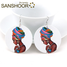 SANSHOOR 5cm Round Wood Drop Earrings Printed African Woman Pattern Earrings For Women Black Ethnic Jewelry 1Pair 2024 - buy cheap