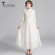 Осеннее Элегантное повседневное однотонное платье Trytree с бахромой, женские платья из полиэстера с рукавами-фонариками, офисное женское платье-трапеция до щиколотки 2024 - купить недорого