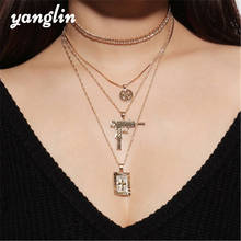Gold Sliver Miami Cuban Chain Choker Round Coin Gun Square Cross Pendant Necklaces For Women Bohemian Multilayer Long Necklace 2024 - buy cheap