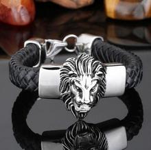 Vintage Lion Head Black Genuine Leather Bracelet Men Cool Titanium Stainless Steel Men's Animal Bracelets & Bangles Accessory 2024 - buy cheap