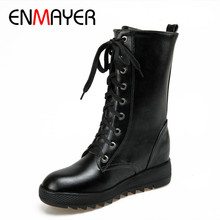 ENMAYER Women Winter Boots Comfortable Height Increasing Mid Calf Boots Fashion Round Toe Shoes Black White Lady Shoes CY035 2024 - compra barato