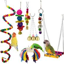 7 шт. качели для птиц, блоки, хлопковая веревка, жевательные деревянные игрушки для птиц, для попугаев, подвесной мост, струна с колокольчиками, качели, красочные игрушки для попугаев 2024 - купить недорого