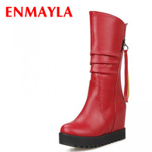 ENMAYLA Autumn Women Platform Half Boots Wedges Heels Zipper Mid Calf Boots Winter High Heels Shoes Woman White Red Boots 2024 - buy cheap