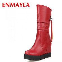 ENMAYLA-Botas de media caña con plataforma para mujer, zapatos de tacón alto con cuñas, Tacones con cremallera, color blanco y rojo, para Otoño e Invierno 2024 - compra barato