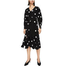 NYMPH 2018 новое летнее элегантное женское платье с длинным рукавом и v-образным вырезом с поясом длиной до колен в горошек повседневное офисное женское платье размера плюс для вечеринок 2024 - купить недорого