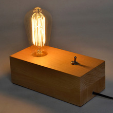 Luminária de mesa estilo loft, lâmpada de mesa de madeira com botão de pressão, sombra de vidro sem sombra. Haômero