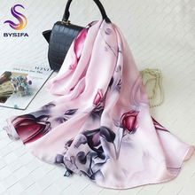 Bysifa cachecol feminino estilo chinês 100%, cachecol de seda xale acessórios de marca tulipas pescoço cetim capa rosa de inverno lenços longos 2024 - compre barato