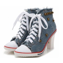 women 2018 fashion punk rivets thick high heels canvas pumps lace up women high heeled shoes breathable denim ladies lacing shoe 2024 - buy cheap