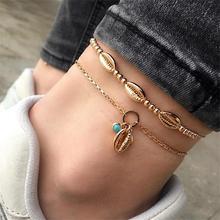 2 unids/set Casual tobilleras para mujeres hecho a mano con cuentas de oro multicapa conjunto de pulseras de tobillo de mujer, moda de playa, tobillo usar joyas 2024 - compra barato