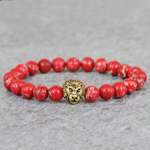2017 New Arrival High Grade Mens Jewelry Retail 8mm Red Sea Sediment Stone Beads Gold-color Lion Head Bracelets, Gift 2024 - buy cheap