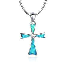 Christian Cross Design Blue Fire Opal Pendant Necklace For Women PJ180219005 2024 - buy cheap