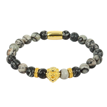 Fashion Male Beaded Bracelet Natural Gray Grey Pattern Stone Lion Head Bangles Charm Hand Chain Pulseira Jewelry Gift BR062 2024 - buy cheap
