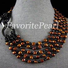 Ожерелье из натурального пресноводного жемчуга, 18 или 34 дюйма, 5 рядов, 7-8 мм, АА, коричневого цвета 2024 - купить недорого